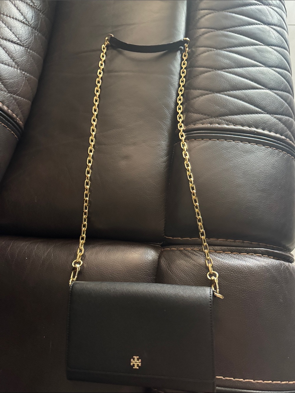 Tory Burch Black Leather Crossbody with Gold Chain